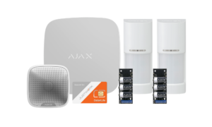 Ajax outdoor detect WXI, 4G HUB, 2* W/L OPTEX WXI 180 O/D PIRs 12M180 low mount, 2* 3 party TXs, 2*Space Control, W/L internal Siren