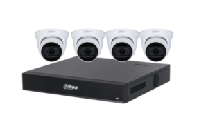 Dahua 4 channel 1080N/720P XVR kit, 1TB HHD, 4* 2 MP dome cameras, PSU, 100m cat 5, 8* baluns, 4* DC cables, 4* cam nest, no monitor.