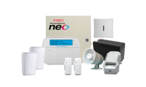 NEO HS2064 wireless kit, LCD K/P (with built-in Host), 2* W/L PIRs, 2* W/L mags, transformer, Battery, Siren.